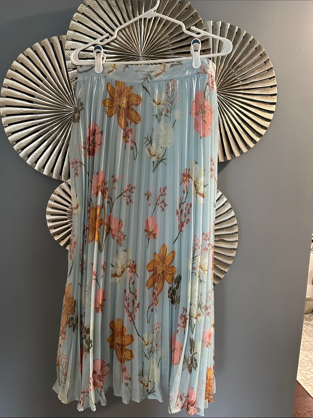 Blue Floral Pleated Midi Skirt